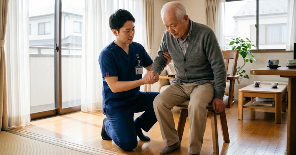 片麻痺患者さんの立ち上がり訓練をしている施術者