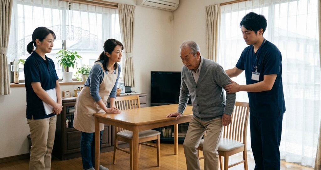 片麻痺患者さんが立ち上がり訓練をする姿を見守る施術者と家族