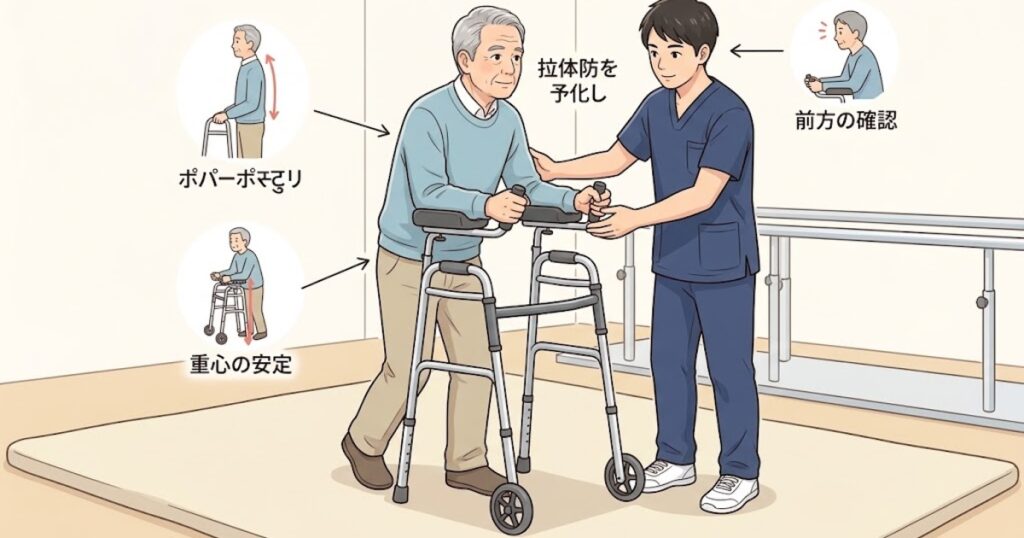 片麻痺患者さんの歩行器での歩行訓練