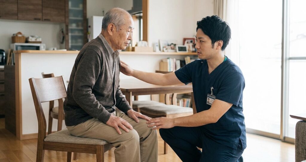立ち上がり訓練をする片麻痺患者さんと施術者